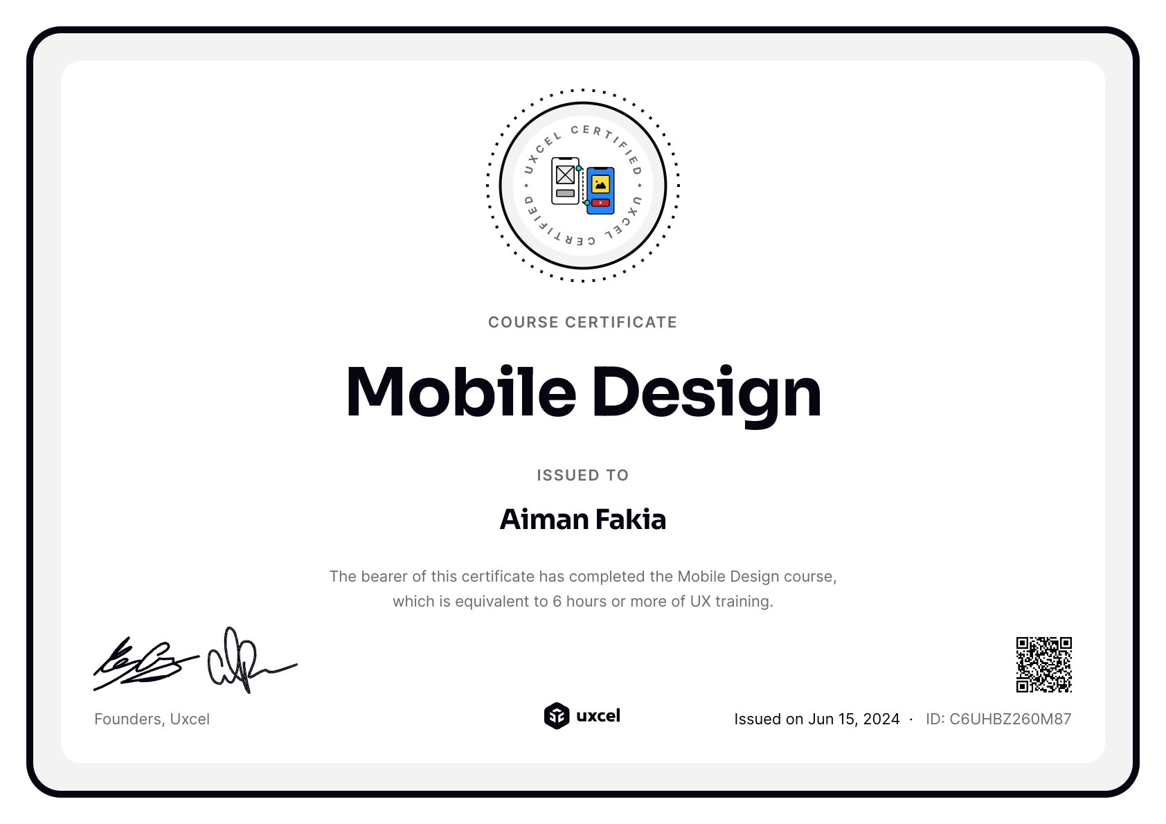 Aiman Fakia's certificate